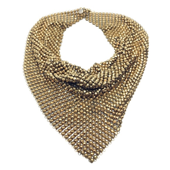 VINTAGE LARGE MESH SCARF NECKLACE TRIANGLE BRONZE GOLD TONE METAL STATEMENT - Picture 3 of 14